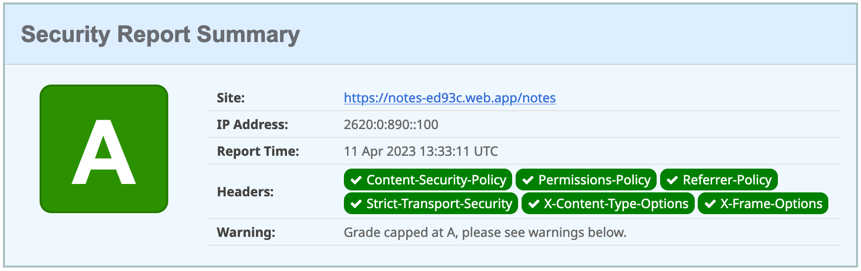 Firebase app score from securityheaders.com